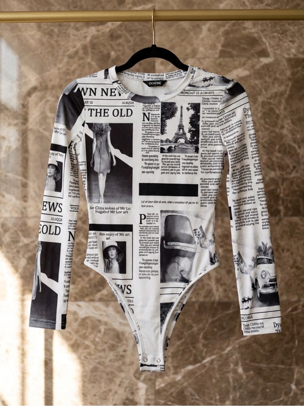 ✨MIX & MATCH: 4 for $25✨ ChicMe | B&W Grunge Newspaper Print LongSleeve Bodysuit